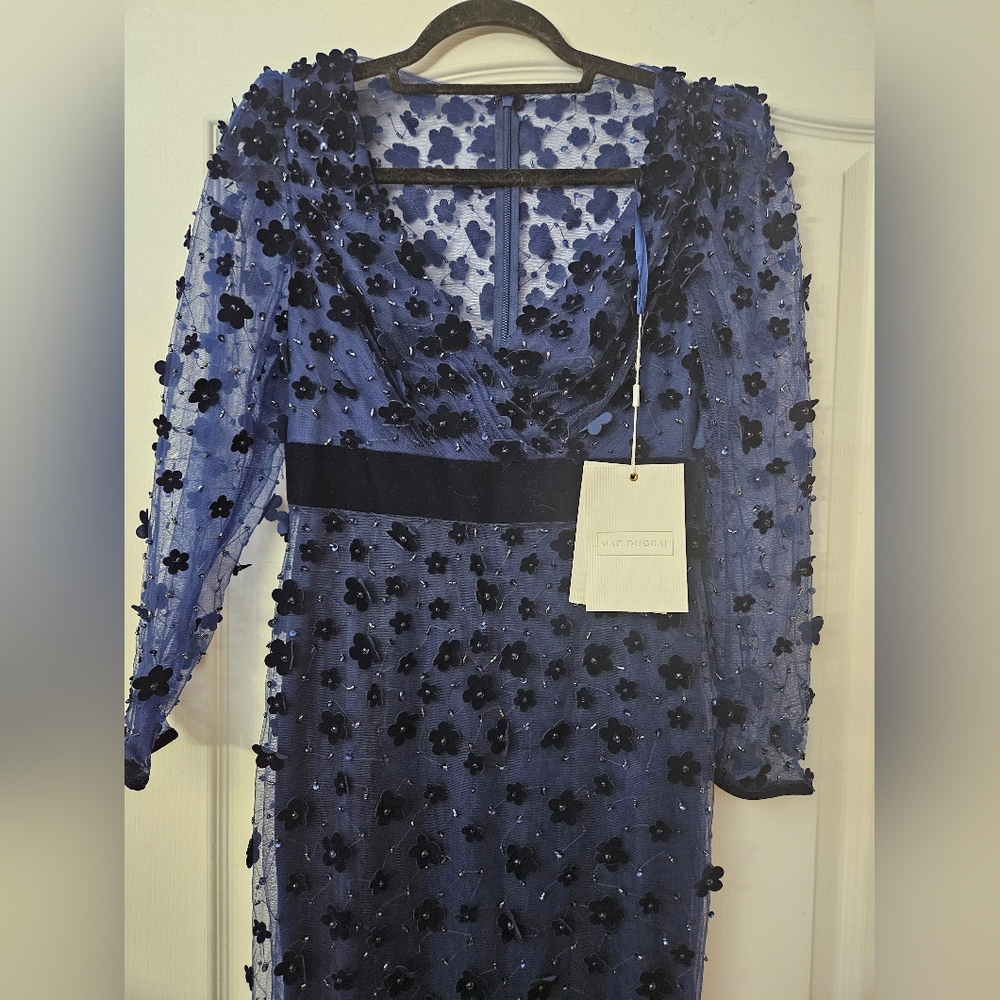 Mac Duggal Navy Embellished V Neck Illusion Long Sleeve Column Midi SZ 4 NWT - Picture 4 of 11